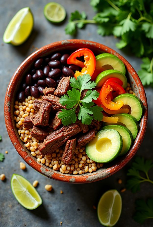 Cilantro Lime Beef & Sorghum Bowl with beef strips, sorghum grains, and colorful vegetables for a nutritious meal.
