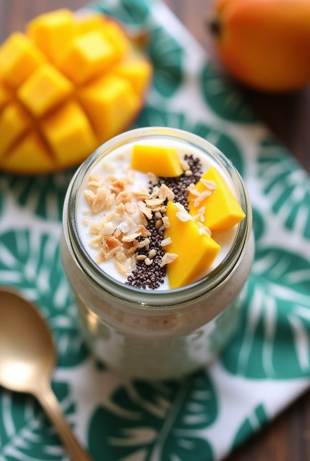 Coconut Mango Overnight Oats Bowl with mango chunks and toasted coconut flakes for a nutritious breakfast.