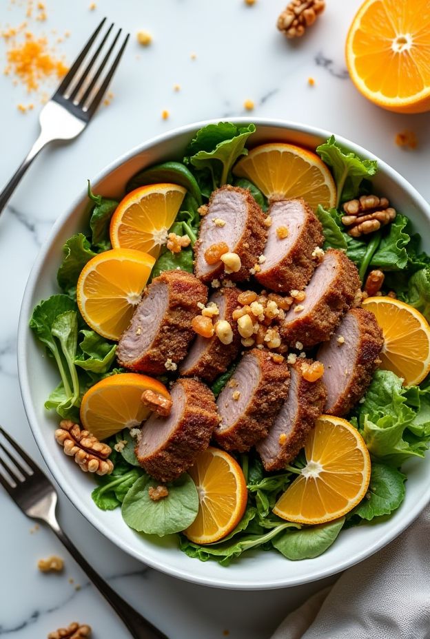 Crispy Duck and Orange Salad Bowl with mixed greens, orange segments, and candied walnuts.