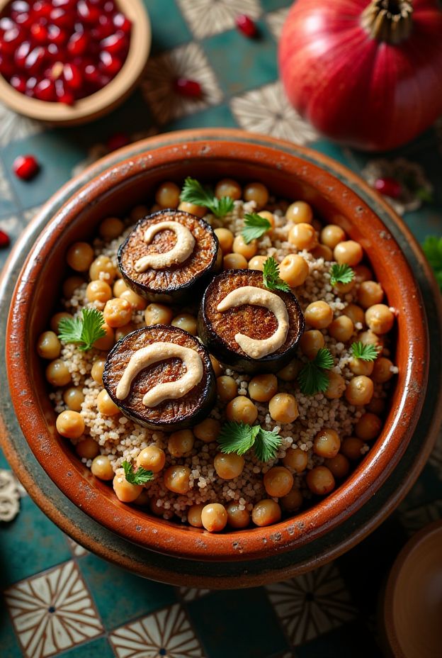 Cumin lamb and freekeh bowl with roasted eggplant and tahini drizzle, a nutritious meal rich in flavor.