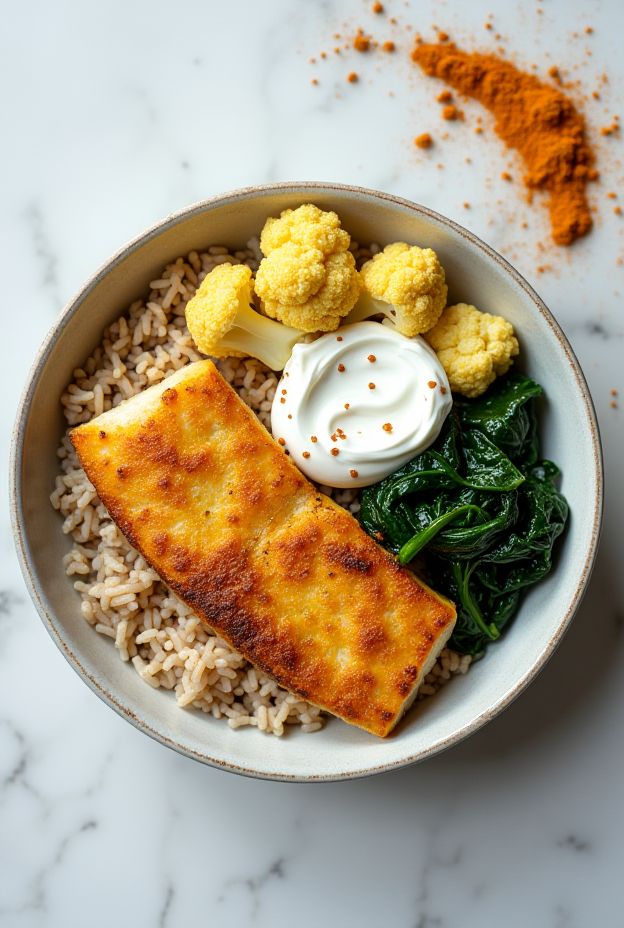 Curry spiced cod protein bowl with brown rice, roasted cauliflower, and coconut yogurt, a healthy and delicious meal.