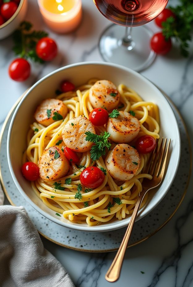 Delicious Garlic Butter Scallop Linguine Bowl with succulent scallops, cherry tomatoes, and fresh parsley in a creamy garlic sauce.
