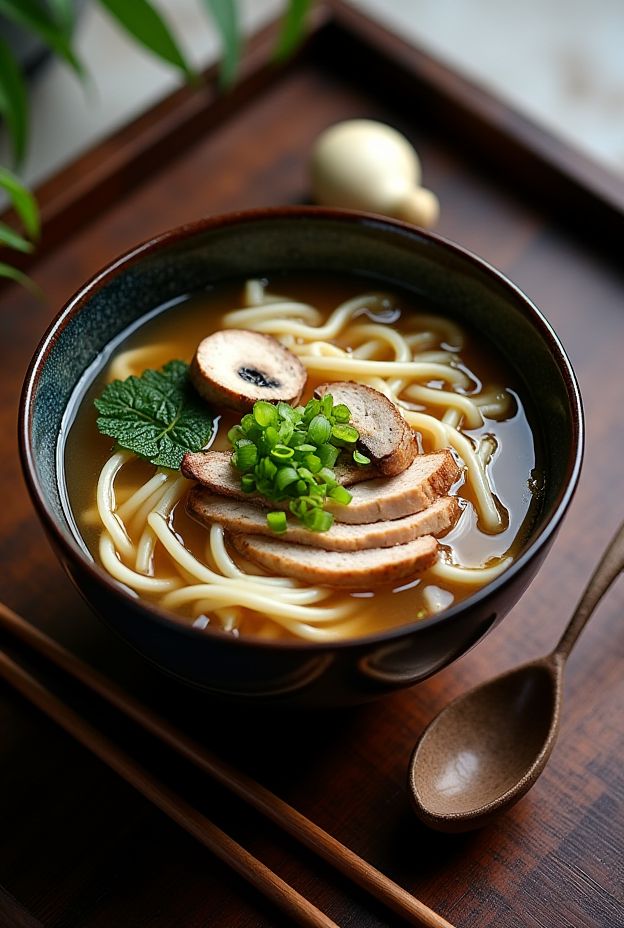 Ginger Scallion Turkey Udon Bowl featuring sliced turkey, udon noodles, and shiitake mushrooms in a fragrant broth.