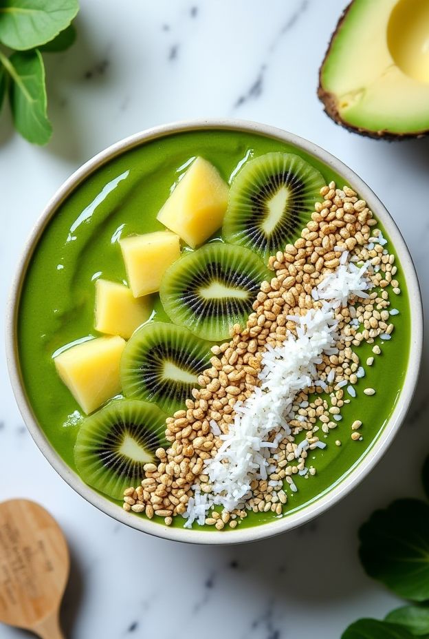 Green Goddess Smoothie Bowl featuring spinach, avocado, pineapple topped with kiwi, hemp seeds, and coconut.
