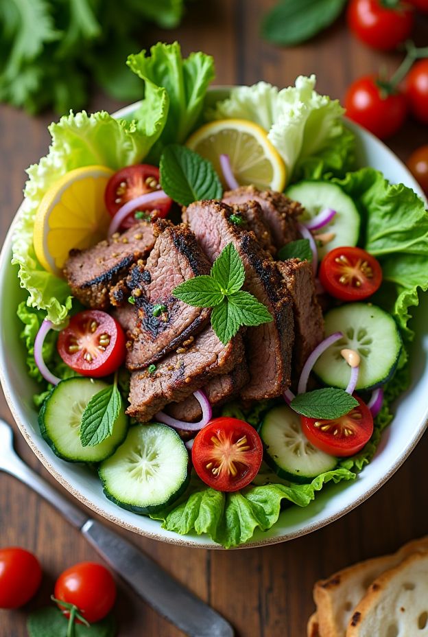 Grilled Lamb & Mint Salad Bowl with fresh vegetables and lemon tahini dressing.