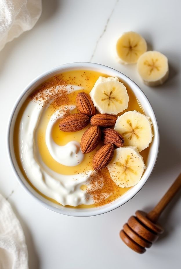 A delicious Honey Cinnamon Yogurt Bowl with Greek yogurt, honey, almonds, and banana slices, topped with cinnamon.