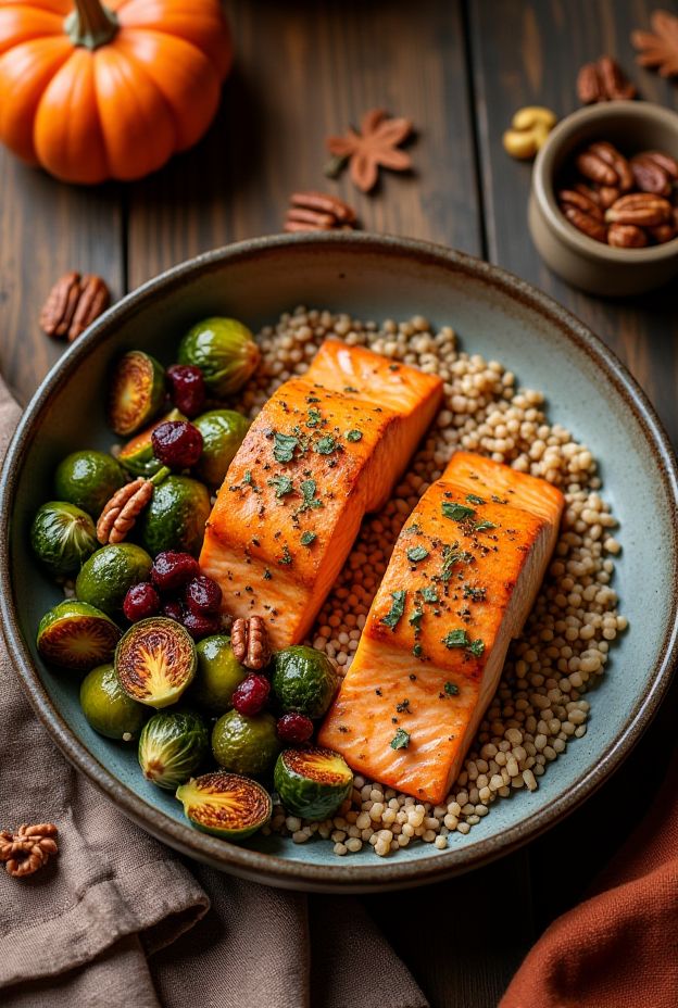Delicious Honey Mustard Salmon with Kamut, Brussels sprouts, cranberries, and pecans in a beautiful bowl.