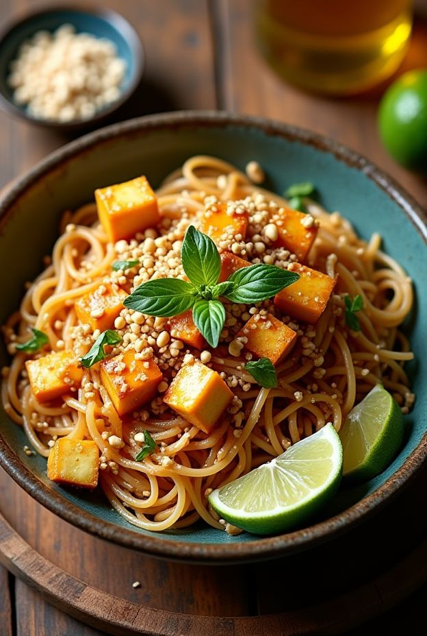 Lemon Garlic Tofu Pad Thai Bowl with crispy tofu, rice noodles, and a tangy sauce garnished with peanuts.
