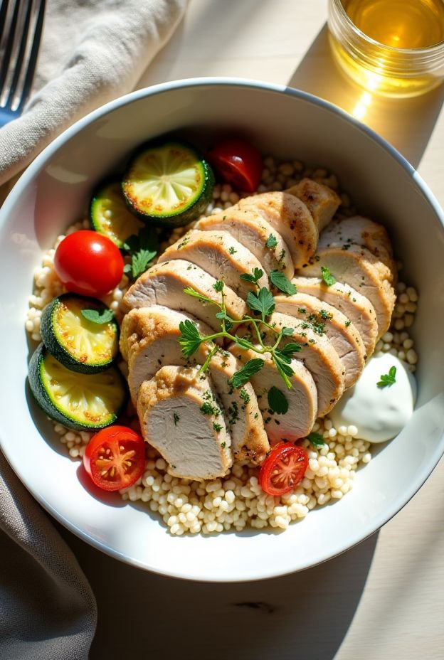 Zesty Lemon Herb Chicken served over nutty amaranth with roasted vegetables in a vibrant bowl.
