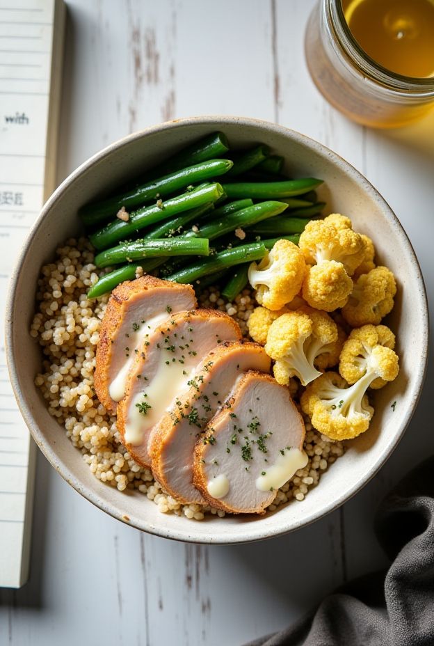A vibrant Lemon Pepper Turkey Protein Bowl featuring seasoned turkey breast, quinoa, green beans, roasted cauliflower, and creamy lemon aioli.