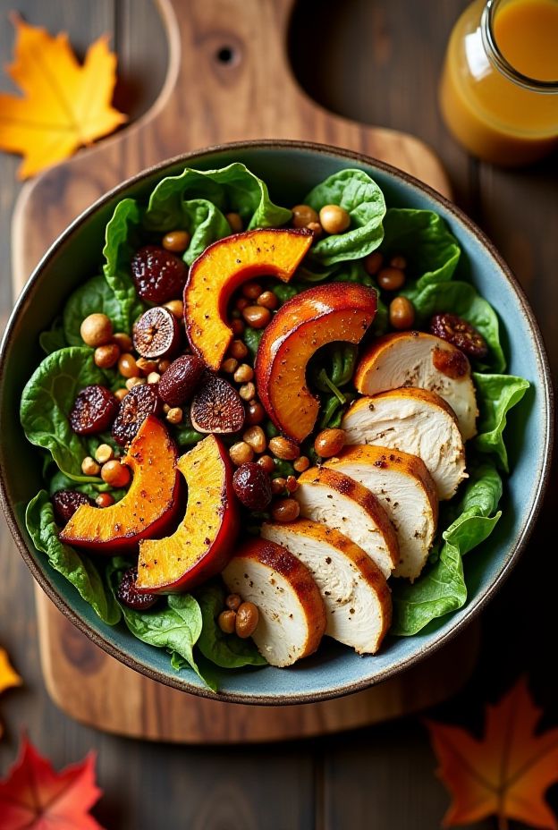 Maple Dijon Chicken Harvest Bowl with roasted chicken, acorn squash, autumn greens, figs, and pepitas.