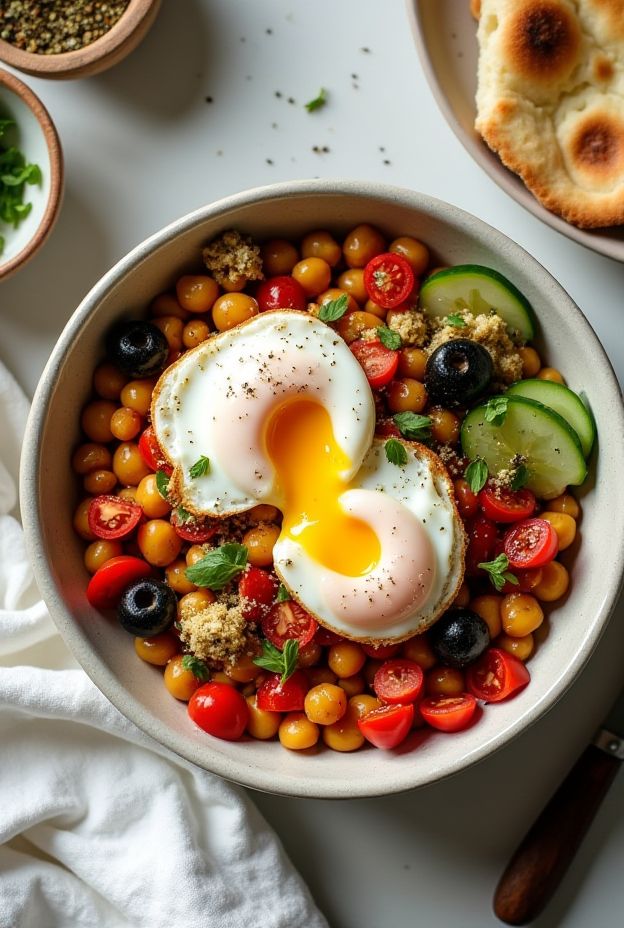 Mediterranean Egg & Chickpea Bowl with poached eggs, spiced chickpeas, tomatoes, cucumbers, olives, and tahini sauce.