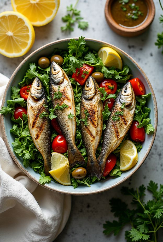 A vibrant Mediterranean Sardine Salad Bowl with grilled sardines, mixed greens, and colorful vegetables.