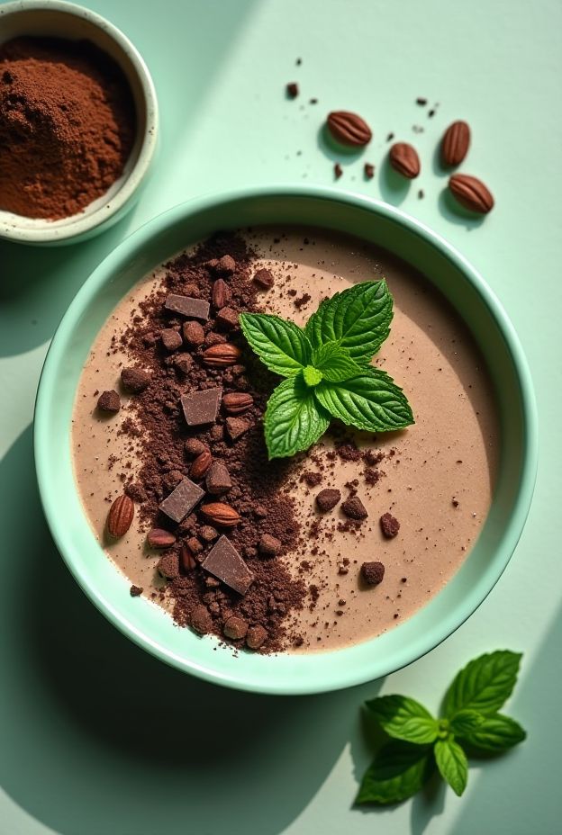 Mint Chocolate Protein Bowl garnished with dark chocolate shavings and fresh mint for a nutritious treat.
