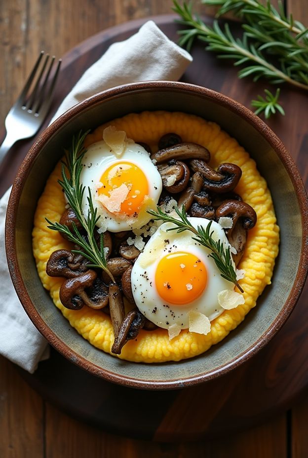 Creamy Mushroom & Herb Polenta Bowl topped with poached eggs and parmesan shavings, enriched with fresh herbs.