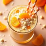 A vibrant creamy orange smoothie bowl topped with mandarin segments, coconut, and white chocolate chips, garnished with colorful straws.
