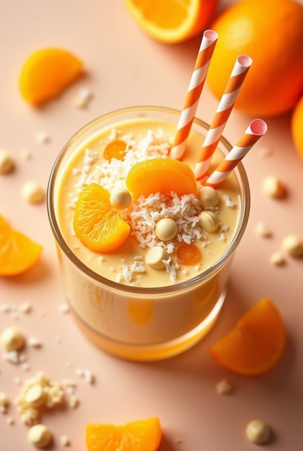A vibrant creamy orange smoothie bowl topped with mandarin segments, coconut, and white chocolate chips, garnished with colorful straws.