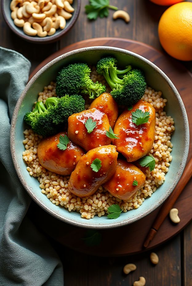 Vibrant Orange Ginger Chicken & Teff Bowl with Broccoli and Cashews.