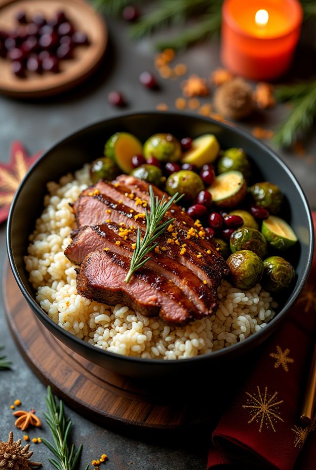 Zesty Orange Rosemary Duck Protein Bowl with wild rice, Brussels sprouts, and cranberries.