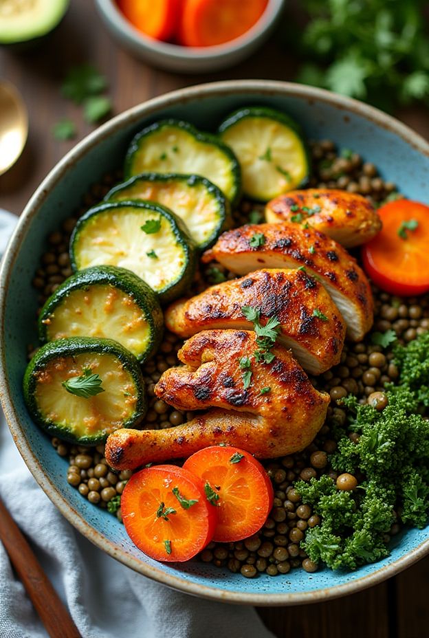 Smoky paprika chicken served on green lentils with roasted zucchini and carrots in a colorful bowl.