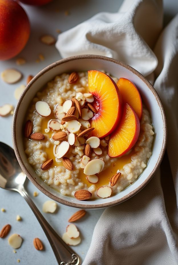 Creamy Peach & Almond Steel Cut Oats Bowl topped with caramelized peaches and sliced almonds.
