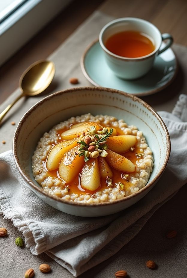 Delicious pear and cardamom oatmeal bowl topped with caramelized pears and pistachios for a nutritious breakfast.