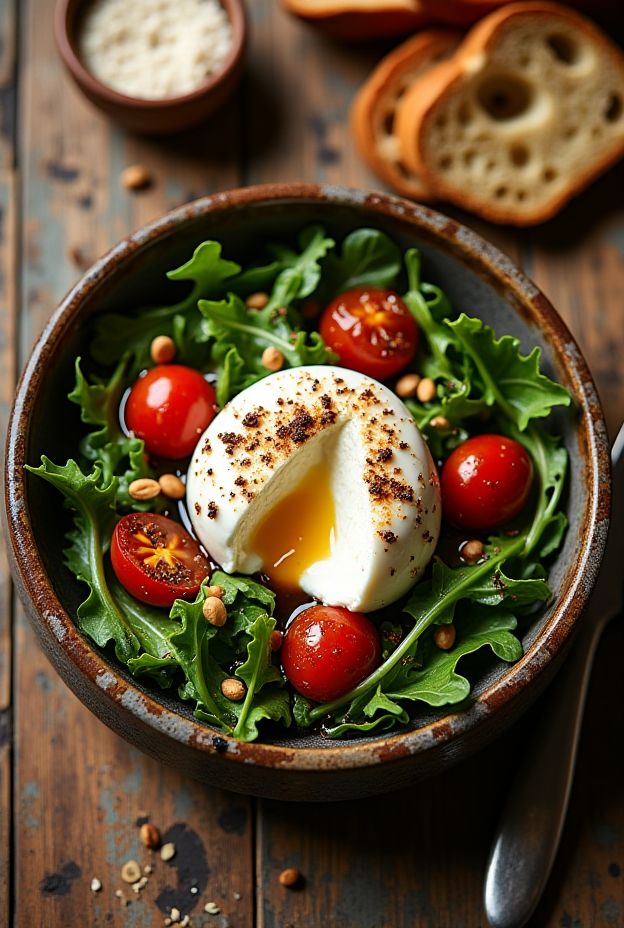Roasted Cherry Tomato and Burrata Bowl with arugula and pine nuts, drizzled with balsamic reduction.