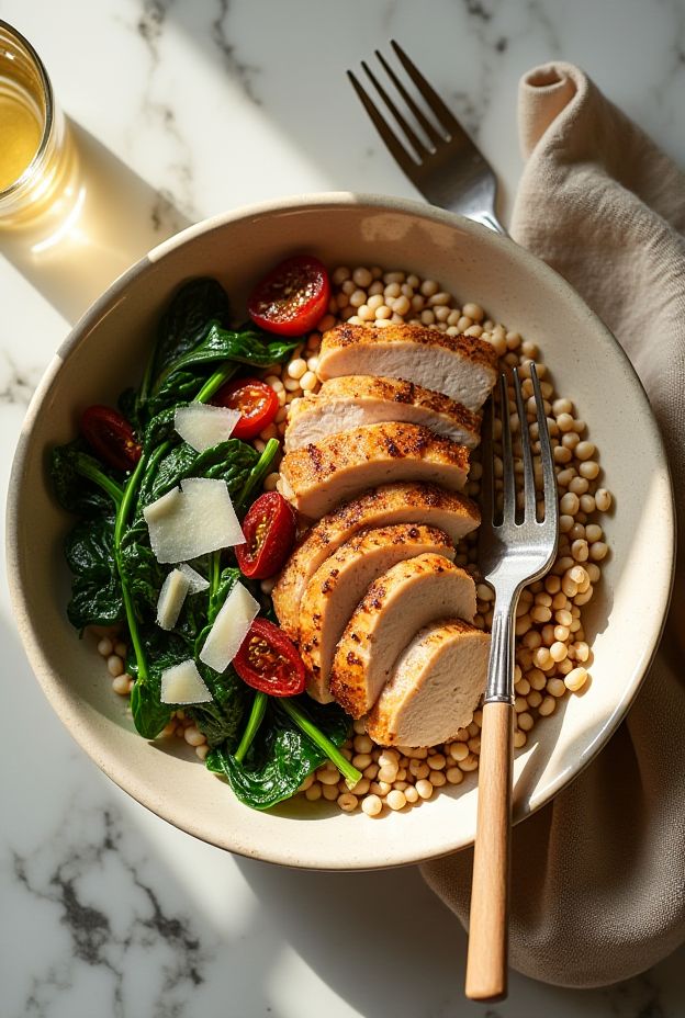 A nutritious bowl featuring roasted garlic turkey, spelt grains, sautéed spinach, and sun-dried tomatoes garnished with parmesan.