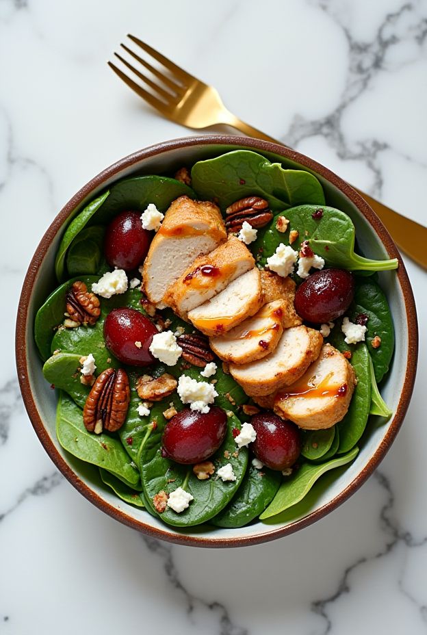 Delicious Grilled Chicken Salad Bowl with Roasted Grapes, Candied Pecans, and Feta Cheese on Spinach.
