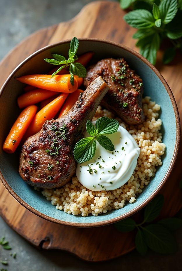 A nutritious Herb-Crusted Rosemary Garlic Lamb Protein Bowl featuring lamb chops, farro, roasted root vegetables, and mint yogurt sauce.