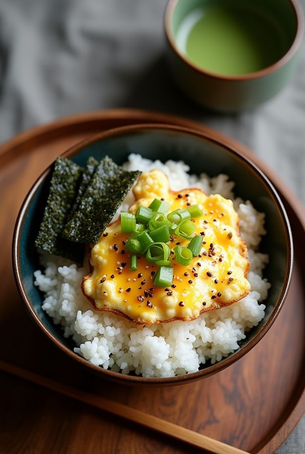 Savory Miso Egg & Rice Breakfast Bowl with soft scrambled eggs, rice, scallions, sesame seeds, and nori.