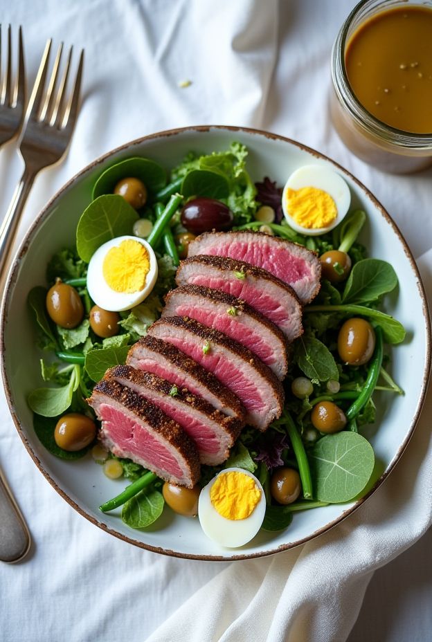 Seared Tuna Nicoise Bowl with greens, hard-boiled eggs, olives, and vinaigrette for a healthy meal.