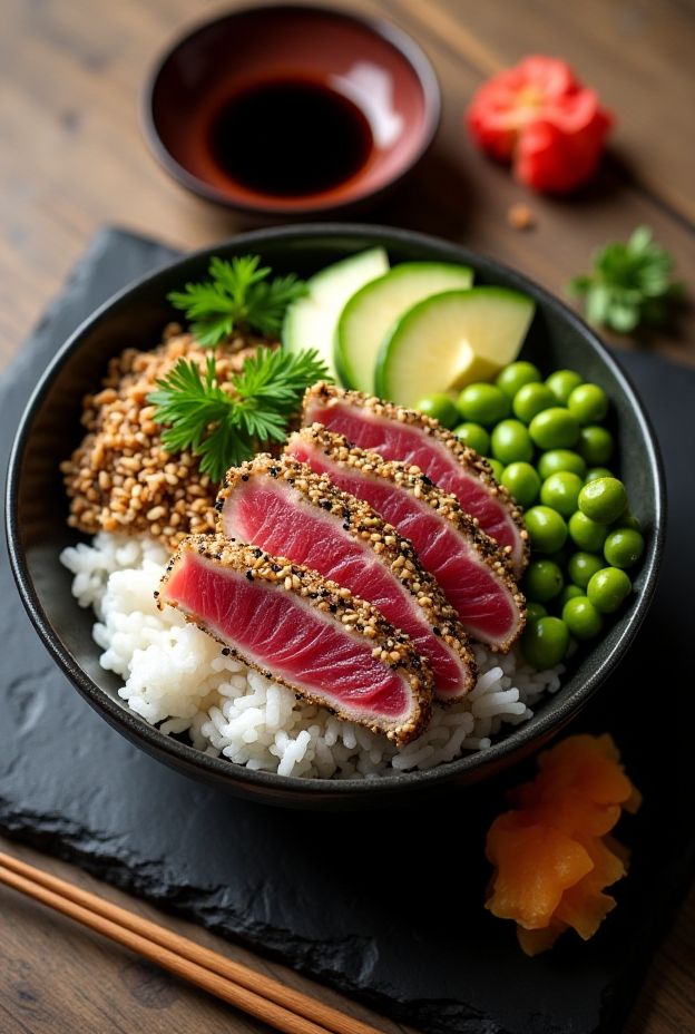 Healthy Sesame Crusted Tuna Protein Bowl with sushi rice, avocado, cucumber, edamame, and ponzu sauce.