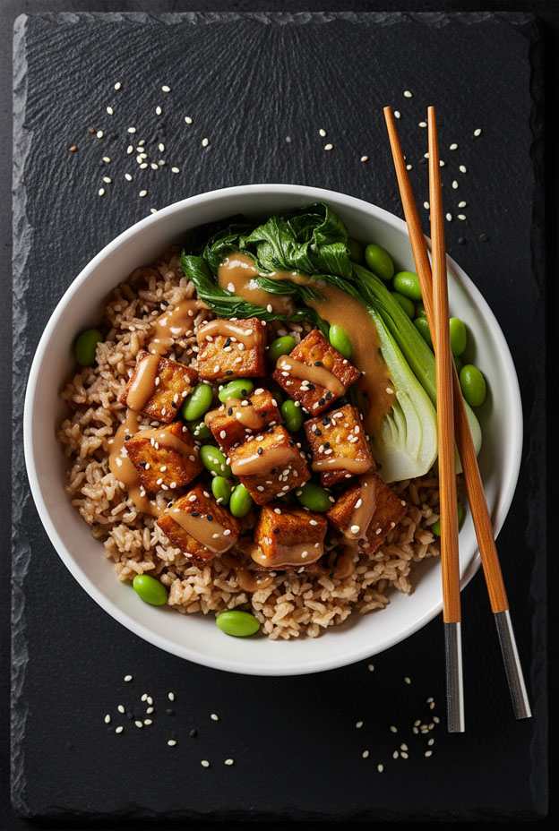 Healthy Sesame Ginger Tempeh & Brown Rice Bowl with Bok Choy and Edamame.
