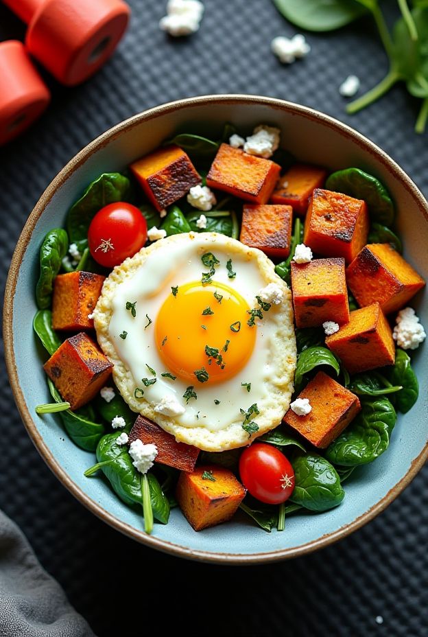 Delicious bowl of Smoked Turkey & Egg White Scramble over roasted sweet potatoes filled with spinach, tomatoes, and feta.