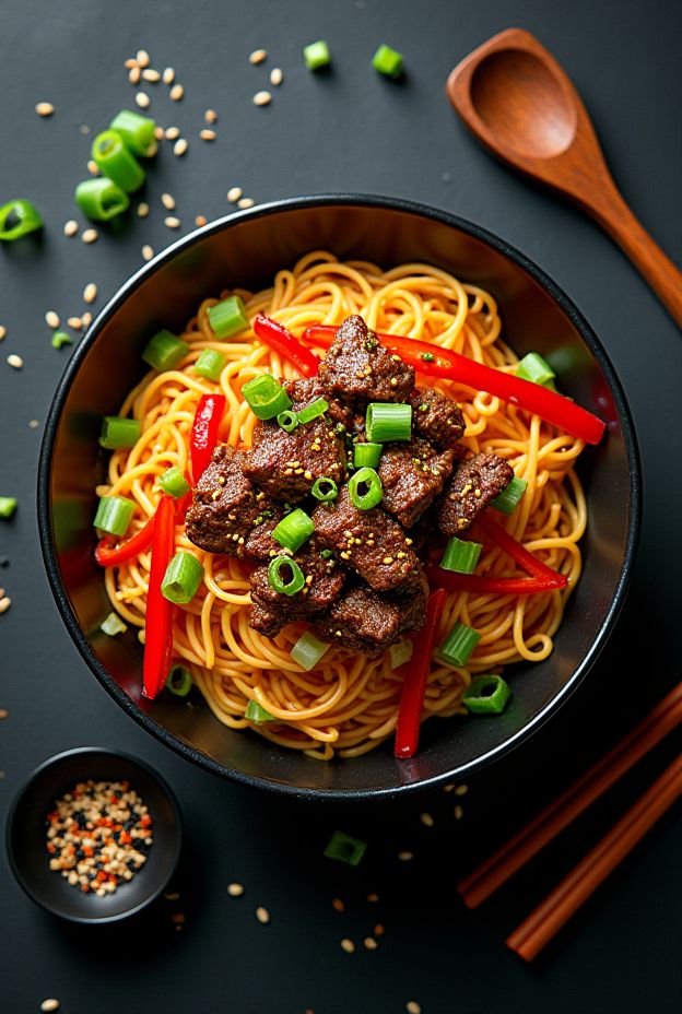 Spicy Sesame Beef Glass Noodle Bowl garnished with scallions, featuring marinated beef, glass noodles, and bell peppers.