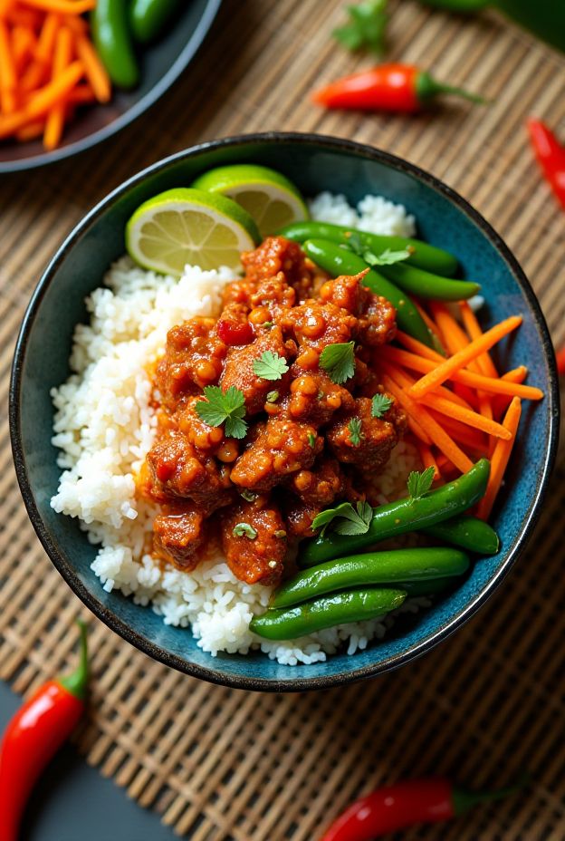 Spicy Thai Chili Pork with jasmine rice, snap peas, and carrots garnished with lime in a bowl.