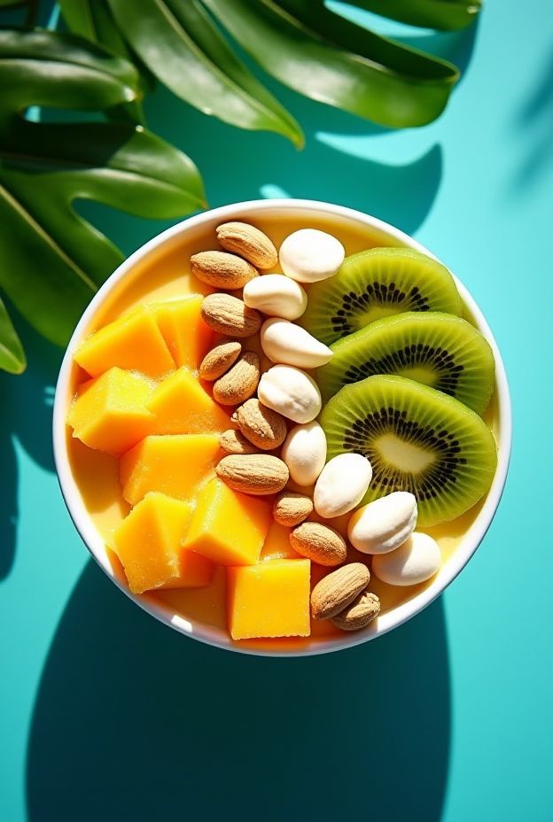 Tropical Paradise Smoothie Bowl with mango, pineapple, papaya, kiwi, dragon fruit, and macadamia nuts served in a vibrant bowl.