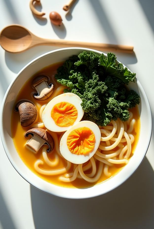 A vibrant Turmeric Coconut Ramen Bowl featuring noodles, mushrooms, soft-boiled egg, and crispy kale in a golden broth.