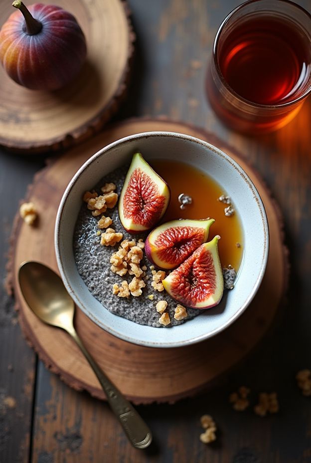 Delicious Vanilla Chai Chia Pudding Bowl with figs, walnuts, and honey for a nourishing breakfast.