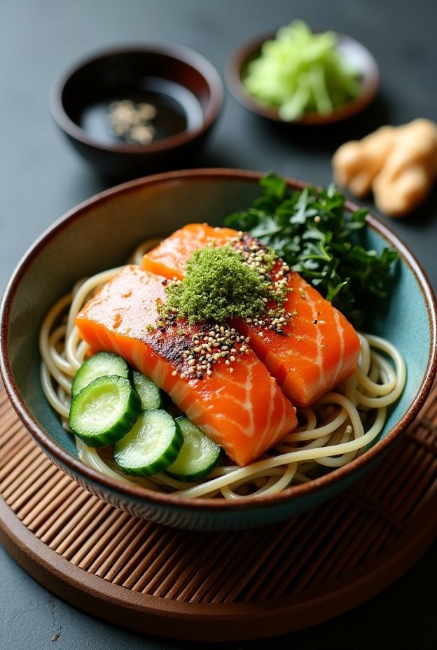 Wasabi Salmon Soba Bowl with seared salmon, soba noodles, cucumber ribbons, and seaweed salad.